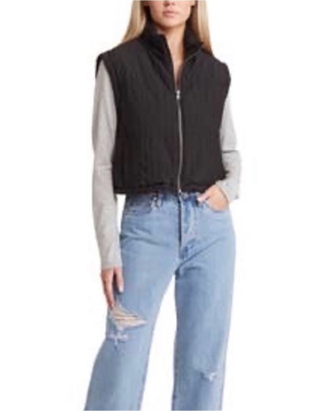 Cropped Sexy Black Quilted Puffer Vest - Zipper Front